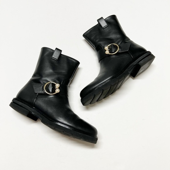 Stuart Weitzman Womens Black Leather Mid Calf Pull On Arlo Moto Boot Size 6.5